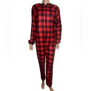 Buffalo Plaid Fleece Pajama Jumpsuit One Piece Red Black Lounge women’s medium